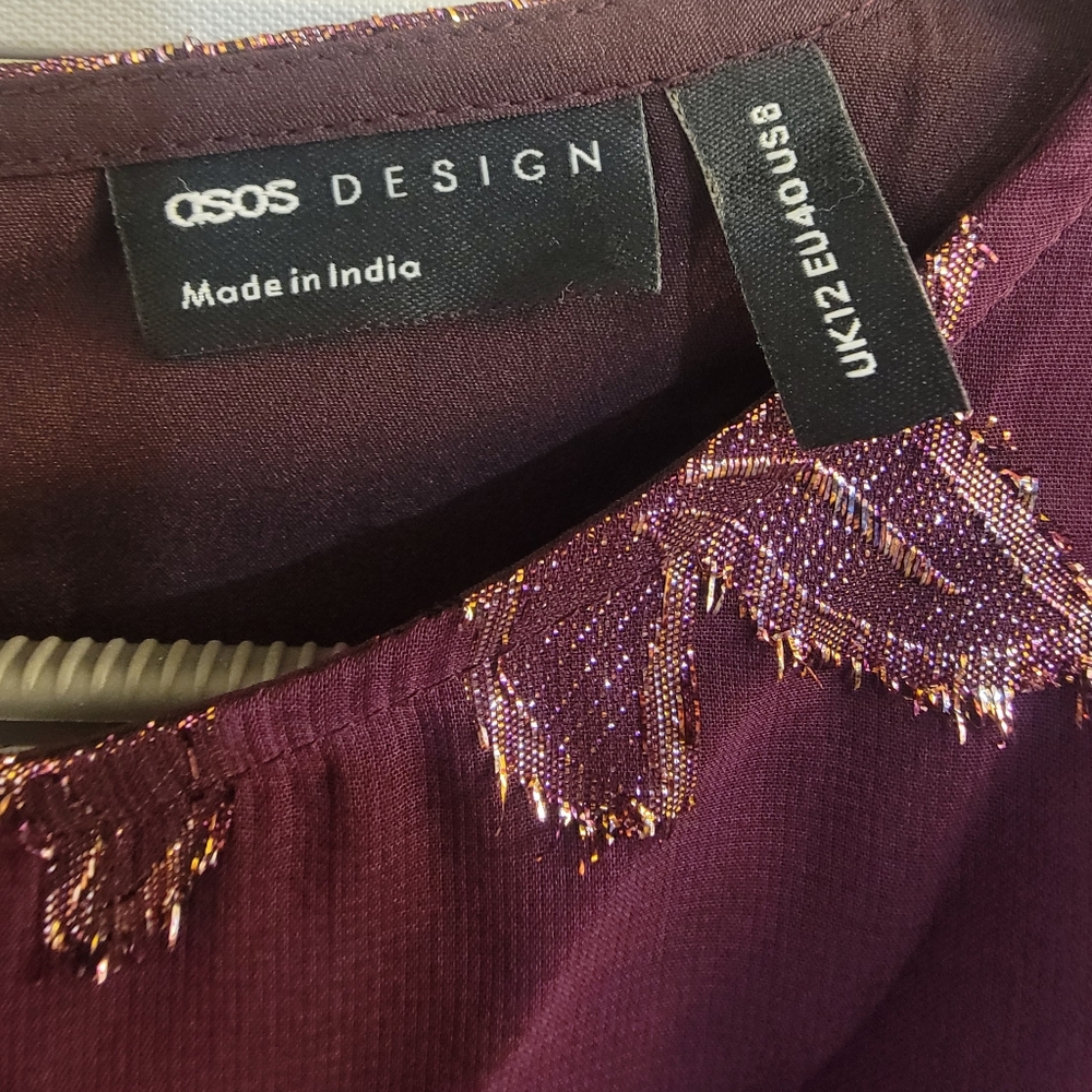 ASOS Burgandy A-Line Midi Cocktail Dress with Metallic Accents and Long Sleeves